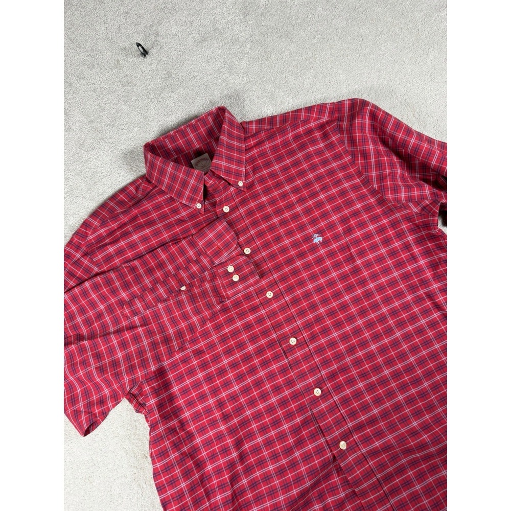 Brooks Brothers Oxford Shirt Men Large Red Plaid Button Down Plaid Sheep Logo